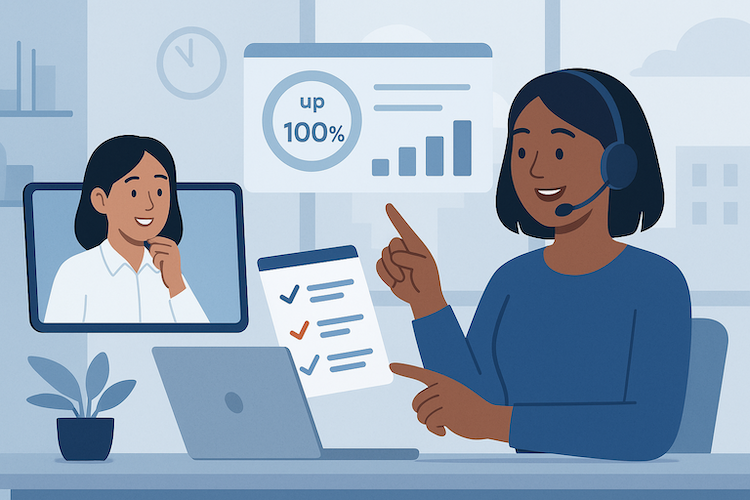 Web support partner shares performance insights during a call with a marketing manager in a clean, modern workspace. Web support partner shares performance insights during a call with a marketing manager in a clean, modern workspace.