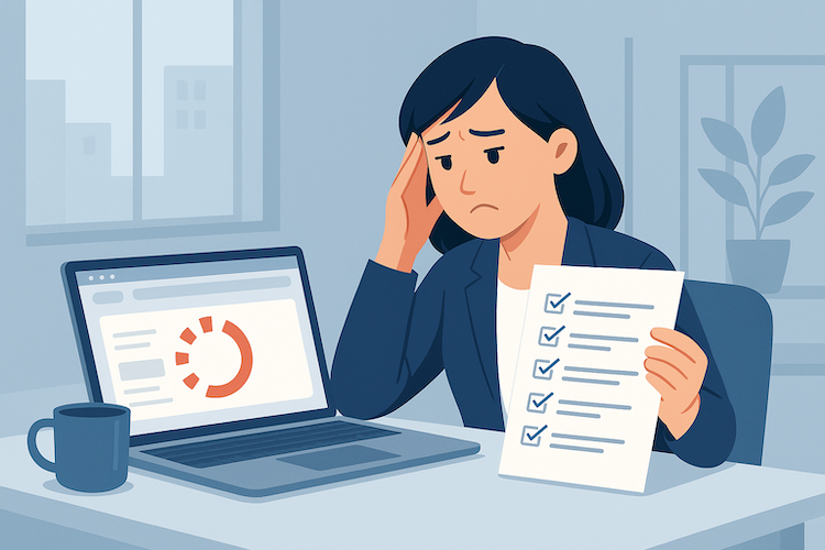 B2B marketing manager reviewing a website health checklist beside a lagging analytics dashboard in a modern office. B2B marketing manager reviewing a website health checklist beside a lagging analytics dashboard in a modern office.